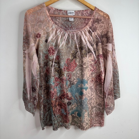 Vintage 90s Fairy Top Asymmetric Bell Sleeve Beaded Pink Retro Angel Chicos L - Picture 1 of 9